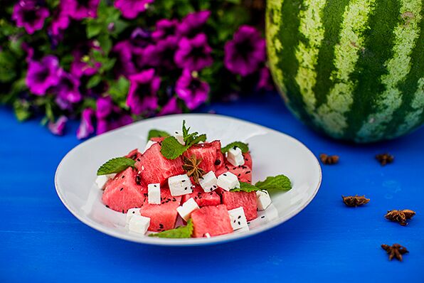 Watermelon salad with cheese added to the menu of the fermented milky version of the watermelon diet